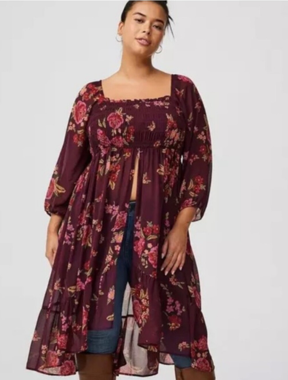 torrid Wine Floral Smocked Square-Neck Tunic